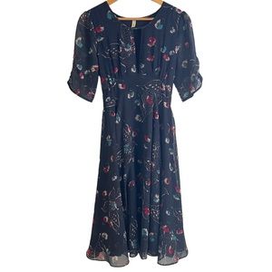 Free People Navy Blue Floral Short Sleeve Midi Dress Size 6